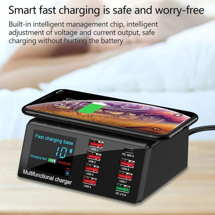 X9 Multi-Device Charger for Daily Home Power Needs black multifunctional wireless pad with seven USB ports and phone charging on bedside table