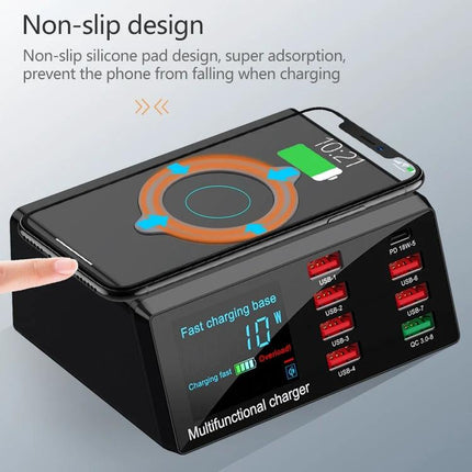 X9 Multi-Device Charger for Daily Home Power Needs showing non-slip wireless pad charging phone and multiple USB ports on black multifunctional charger
