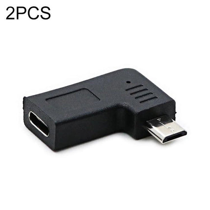 Adapter for Everyday USB-C to Micro USB Device Links on the Go black right-angle adapter connecting USB-C power bank to Micro USB phone