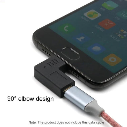 Adapter for Everyday USB-C to Micro USB Device Links on the Go showing a 90° elbow adapter connecting a USB-C cable to a micro USB phone