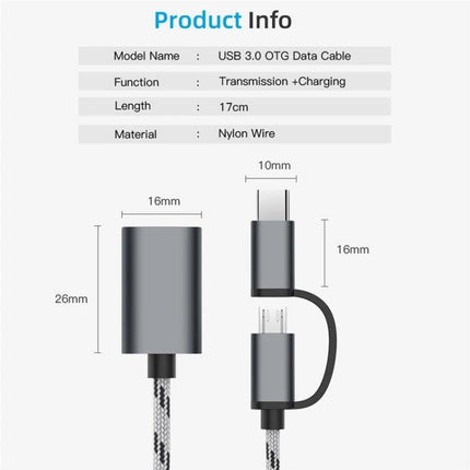 Adapter Cable for Linking USB Devices to Smartphones Daily - USB 3.0 OTG adapter cable, Micro USB to USB-A, 17cm nylon, transmission + charging