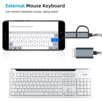Adapter Cable for Linking USB Devices to Smartphones Daily showing smartphone connected to keyboard via Micro USB USB 3.0 adapter cable