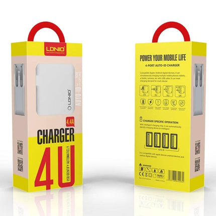 LDNIO Charger for Daily Device Powering During Travel - white 4-port USB travel wall charger in yellow retail packaging