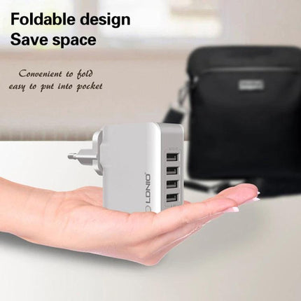 LDNIO Charger for Daily Device Powering During Travel compact foldable 4-USB wall charger shown in hand for travel and commuting