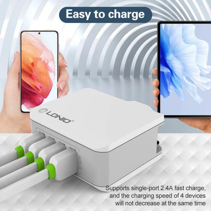 LDNIO Charger for Daily Device Powering During Travel — compact 4-USB travel wall charger powering smartphone and tablet simultaneously