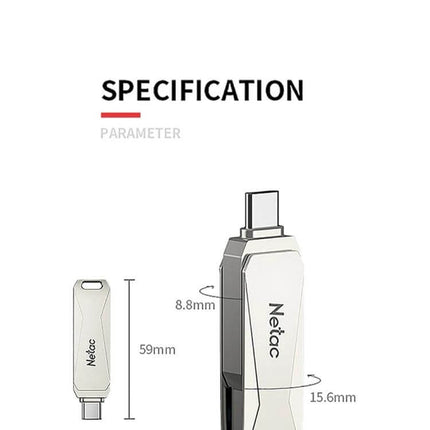 Netac 128GB USB Flash Drive with Type-C for Easy Data Transfer showing dual Type-C and USB connectors and dimensions (59mm, 15.6mm, 8.8mm)
