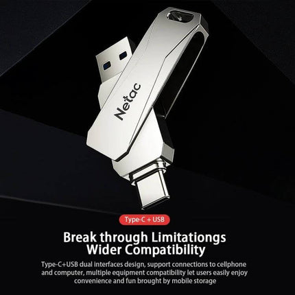 Netac 128GB USB Flash Drive with Type-C for Easy Data Transfer, dual Type-C and USB for smartphone and PC file sharing