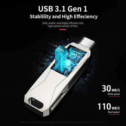Netac 128GB USB Flash Drive with Type-C for Easy Data Transfer showing USB 3.1 Gen1 internal chip, Type-C and USB dual interface, 110MB/s read speed