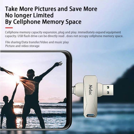 Netac 128GB USB Flash Drive with Type-C for Easy Data Transfer shown connected to a smartphone for expanding cellphone memory and sharing photos