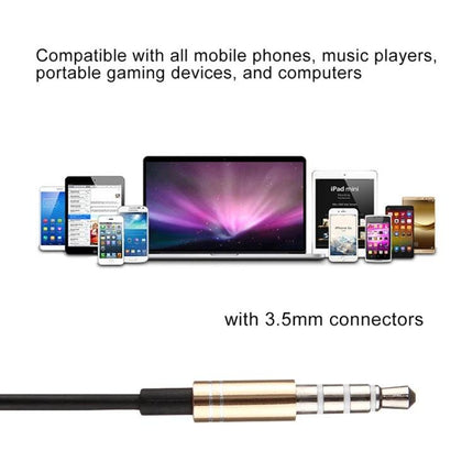 Black Wired 3.5mm In-Ear Earphones With Mic And Remote For Commuting showing 3.5mm jack and compatible devices