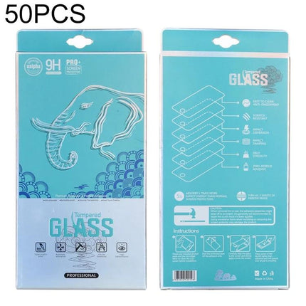 Elephant Pattern Paper and Plastic Packaging Box for Screen Protectors, 50 Pack with blue elephant design showing front and back packaging