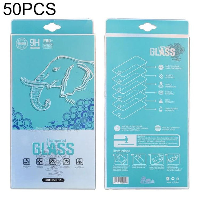 Elephant Pattern Paper and Plastic Packaging Box for Screen Protectors, 50 Pack with blue elephant design showing front and back packaging