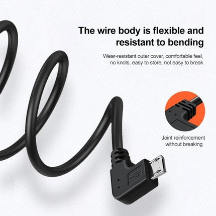 Versatile USB Cable for Everyday Smartphone Charging Needs - black flexible right-angle Micro USB cable showing bend-resistant wire and reinforced joint