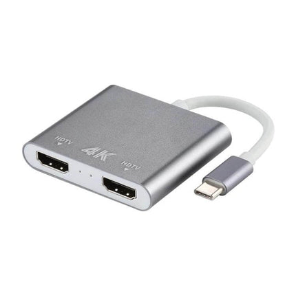Compact USB-C Adapter for Dual HDMI Display Connections - slim silver hub with two 4K HDMI ports for dual monitors