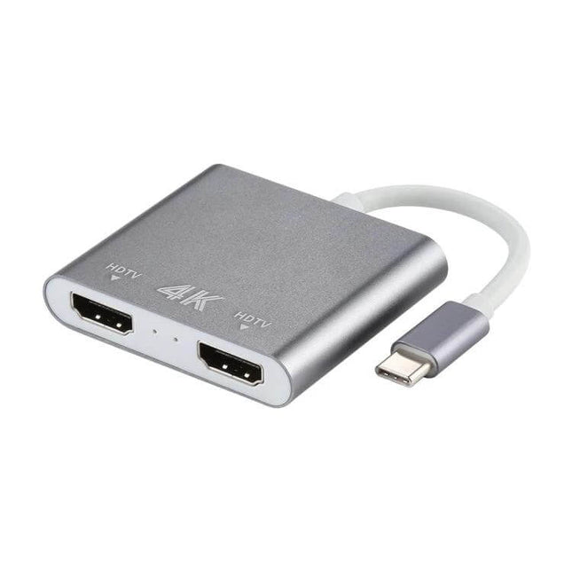Compact USB-C Adapter for Dual HDMI Display Connections - slim silver hub with two 4K HDMI ports for dual monitors