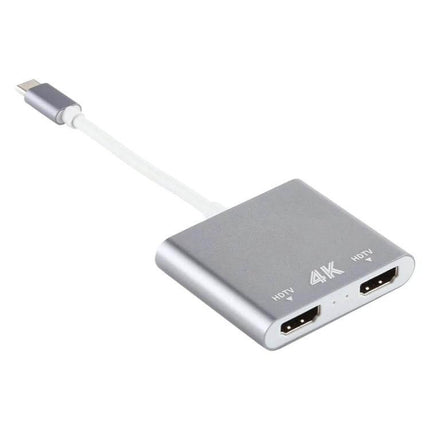 Compact USB-C Adapter for Dual HDMI Display Connections - silver 4K dual-HDMI dongle with USB-C cable for dual monitor setup, travel and presentations