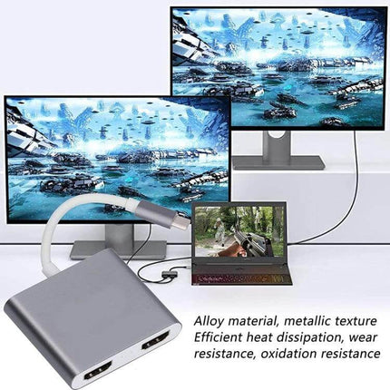 Compact USB-C Adapter for Dual HDMI Display Connections - portable aluminum dual HDMI dongle showing laptop connected to two monitors