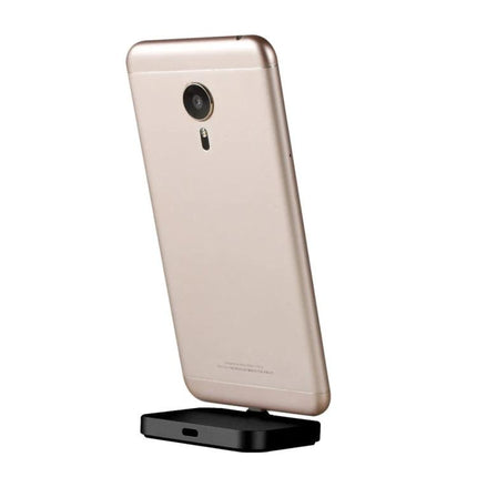 Practical Desk Stand for Type-C Smartphone Charging holding a gold phone upright on a black aluminum charging base