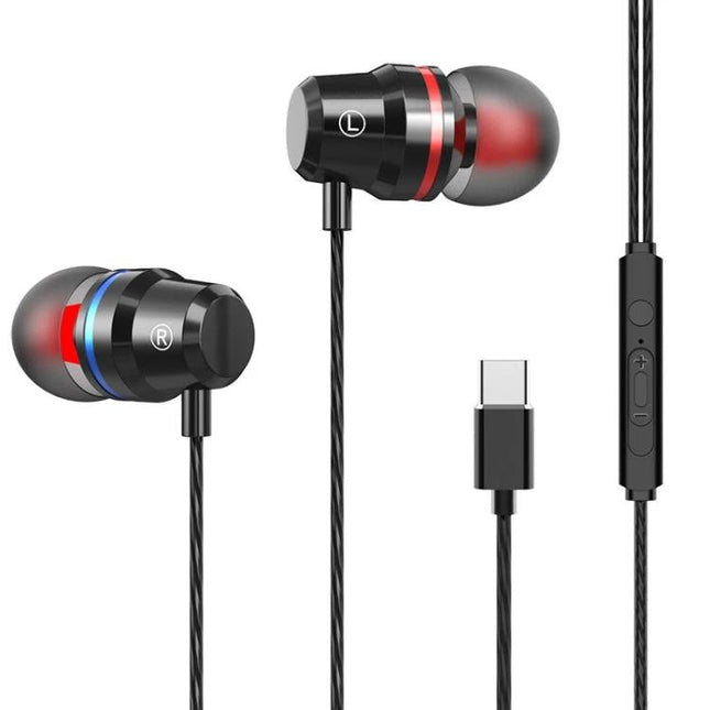 Wired Earphones for Daily Music and Commute Essentials with Type-C connector, inline remote and HD microphone, black metal earbuds