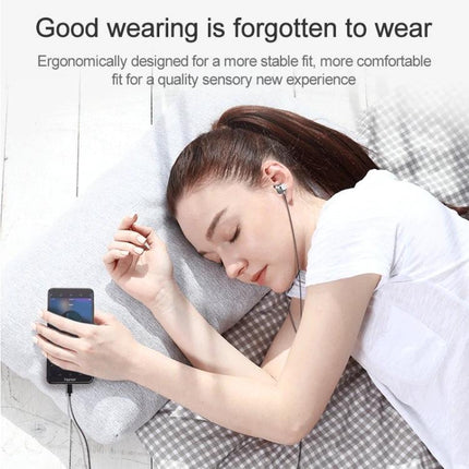 Wired Earphones for Daily Music and Commute Essentials - woman lying with Type-C wired earphones and phone, ergonomic fit and built-in HD microphone