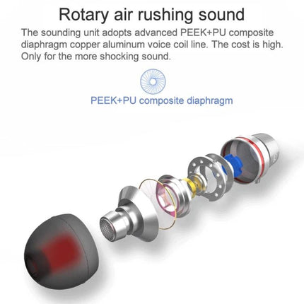 Wired Earphones for Daily Music and Commute Essentials showing exploded view of PEEK+PU composite diaphragm and internal components