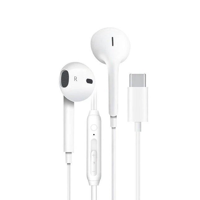 In-Ear Wired Earphones for Everyday Music and Commutes - white analog earbuds with inline mic and USB-C plug