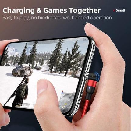 Essential Magnetic USB Cable for Everyday Device Charging shown connected at right-angle to phone while gaming, rotating joint for comfortable two-handed play