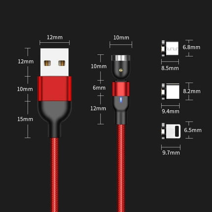 Essential Magnetic USB Cable for Everyday Device Charging - red braided magnetic USB cable with rotating joint and measurement diagram