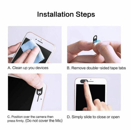 Black Privacy Webcam Cover For Laptops And Devices demonstrating installation steps: clean device, remove tape, position over camera, slide to close