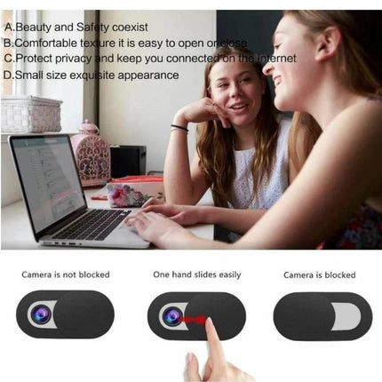 Black Privacy Webcam Cover For Laptops And Devices shown on laptop with sliding cover demonstrating blocked and unblocked camera