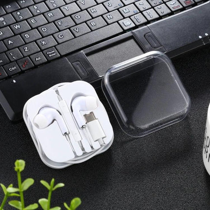 Practical In-Ear Wired Earphones for Everyday Use shown with Type-C jack, built-in microphone, white earphones in compact case beside laptop