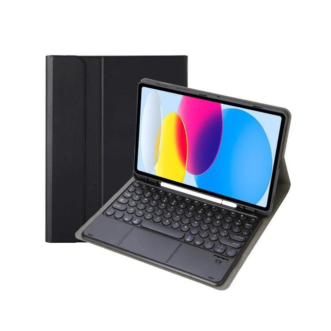 Leather Texture Bluetooth Keyboard Case for iPad 10th Generation showing black textured folio, Bluetooth keyboard and tablet in typing stand
