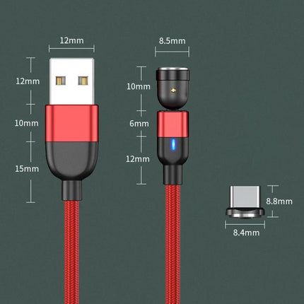 Reliable USB-C Cable for Everyday Device Charging Needs - red nylon braided magnetic USB-A to USB-C cable with dimensions and LED indicator