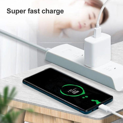 USB-C to USB Cable for Everyday Device Charging and Transfers shown charging smartphone with 6A fast charge from wall adapter on bedside table