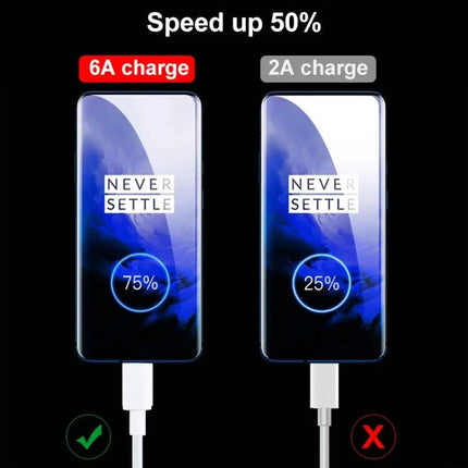 USB-C Data Cable for Everyday Device Charging and Transfers showing 6A fast charge vs 2A slower charge on two phones