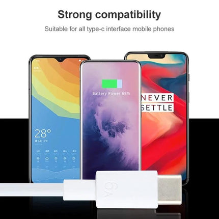 USB-C Data Cable for Everyday Device Charging and Transfers showing USB-C connector and three compatible smartphones, 6A fast charging support