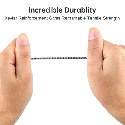 HY191 Cable for Everyday Audio and Microphone Connections showing hands stretching kevlar-reinforced braided cable to highlight durability and gold-plated 3.5mm plug quality