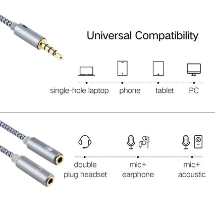 HY191 Cable for Everyday Audio and Microphone Connections — gold-plated 3.5mm split adapter showing universal compatibility with phone, tablet, laptop, PC