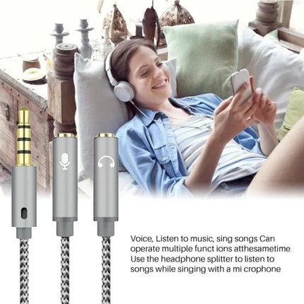HY191 Cable for Everyday Audio and Microphone Connections showing gold-plated 3.5mm plug and headset splitter with smartphone user