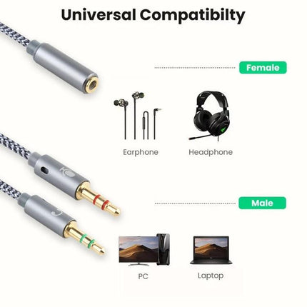 Compact Audio Cable for Daily Device Connections and Calls showing gold-plated 3.5mm male plugs, female adapter, headphones, earphones, PC and laptop compatibility