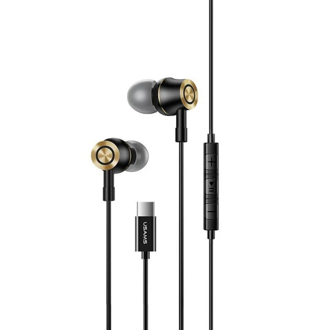 USAMS Wired Earphones for Everyday Music and Travel black and gold in-ear headphones with inline HD microphone and USB-C connector