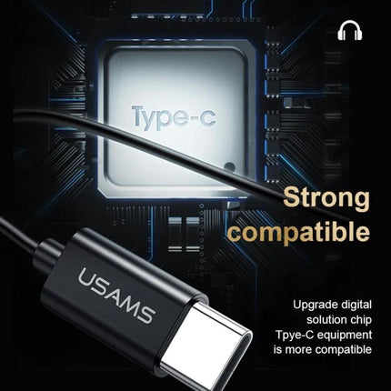USAMS Wired Earphones for Everyday Music and Travel Type-C plug close-up showing compatible digital chip and cable
