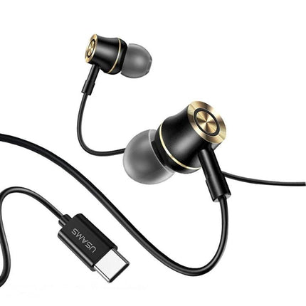 USAMS Wired Earphones for Everyday Music and Travel black and gold in-ear headphones with HD microphone and USB-C plug