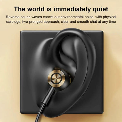 USAMS Wired Earphones for Everyday Music and Travel black in-ear earbud with gold accent placed on molded ear showing noise cancellation and built-in HD microphone
