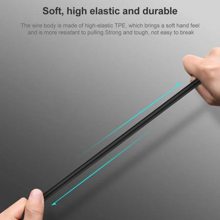 Essential Adapter Cable for Everyday Phone Audio Connections showing durable, high-elastic TPE cable being stretched to demonstrate toughness