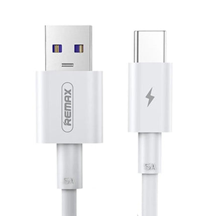 REMAX USB-C Cable for Everyday Device Charging and Data Transfer white USB-A to USB-C cable showing connectors and 5A marking