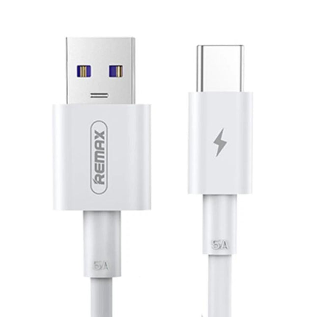 REMAX USB-C Cable for Everyday Device Charging and Data Transfer white USB-A to USB-C cable showing connectors and 5A marking