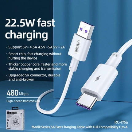 REMAX USB-C Cable for Everyday Device Charging and Data Transfer - 22.5W fast charging, 480Mbps data, durable white USB-C to USB-A cable