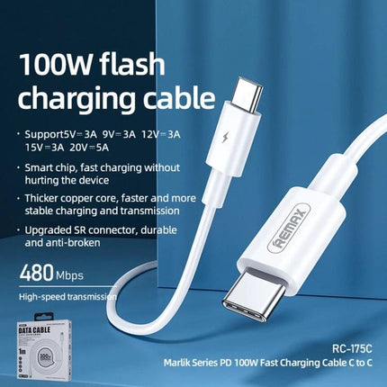REMAX Type-C Charging Cable for Everyday Device Connections at Home - white 100W PD C-to-C cable for fast charging and data transfer