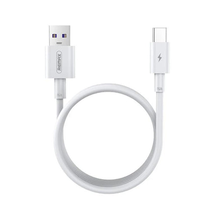 REMAX USB-C Charging Cable for Everyday Device Use white USB-A to USB-C cable coiled for charging and data transfer